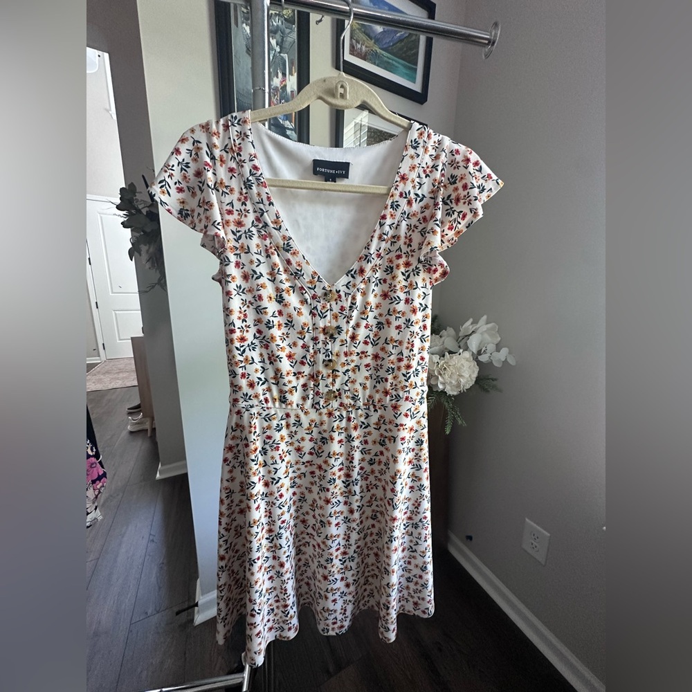 White Floral Flutter Sleeve V-Neck Mini Sundress
